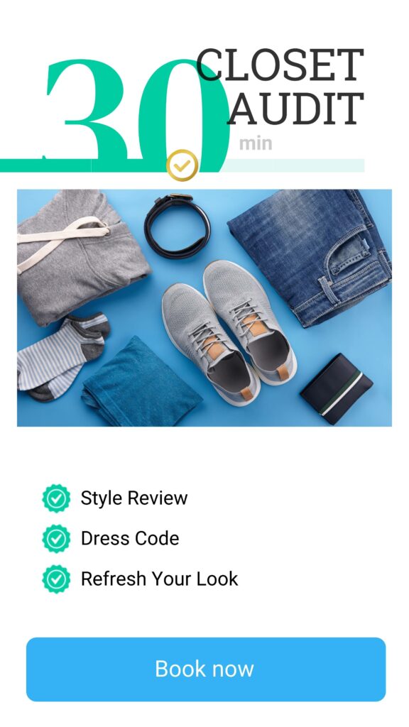 Ad for a 30-minute closet audit service featuring an array of clothing items, including those affected by vanity sizing, and accessories with options for style review and refreshing your look.