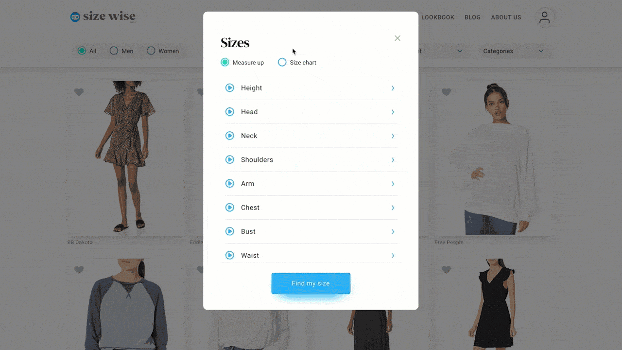 A screen shot of an ecommerce website showing different types of clothing along with a clothing size calculator.
