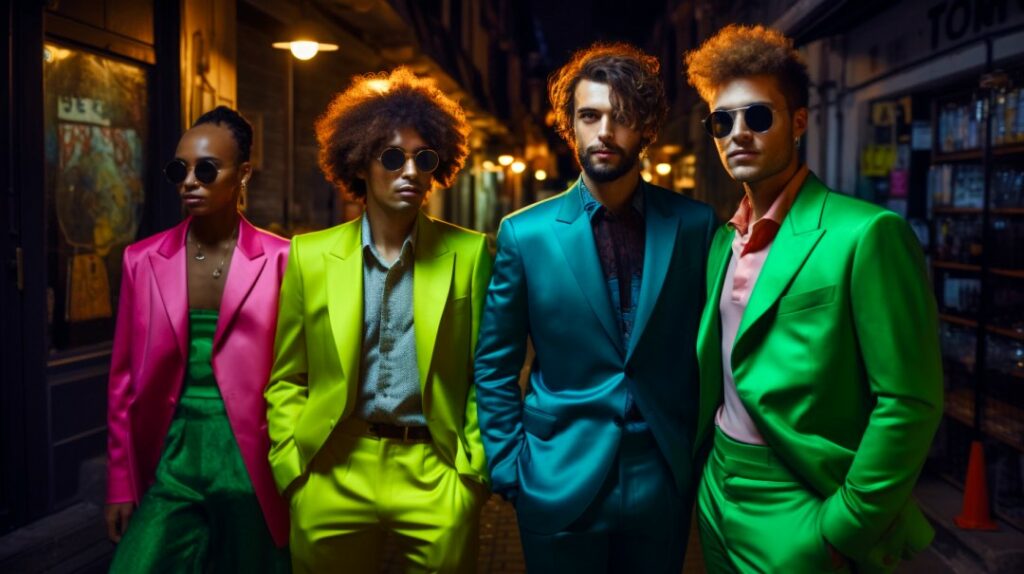 A group of men in bold prints neon suits standing in an alley.