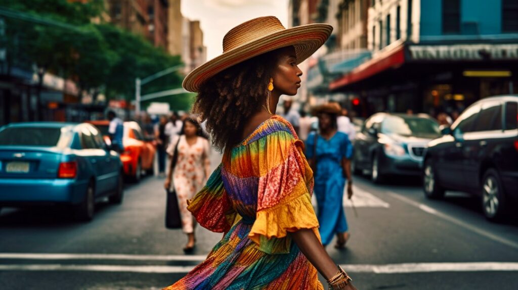 A woman in a bold printed dress crossing the street.