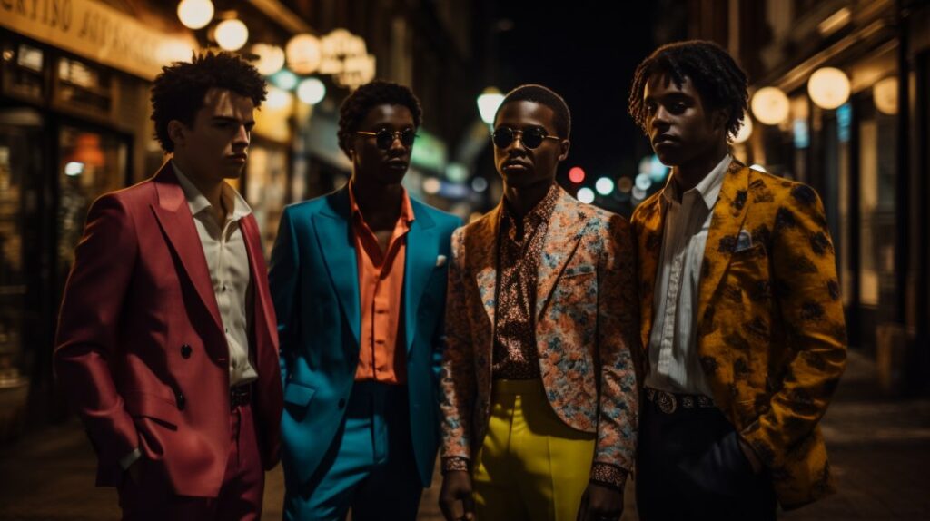 Four men in bold printed suits standing on a street at night.