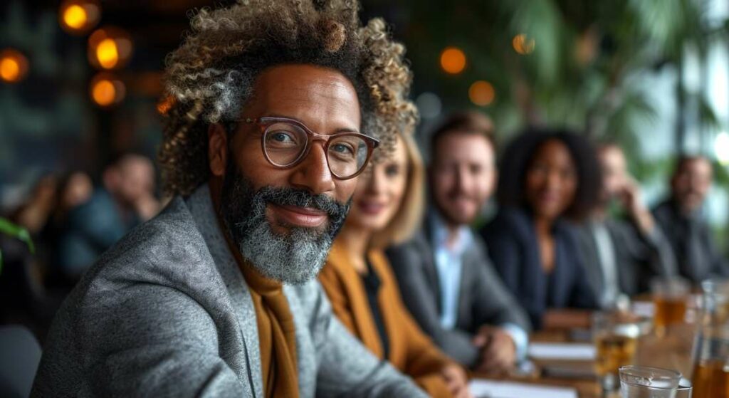 African American male sitting a conference table stylishly dressed