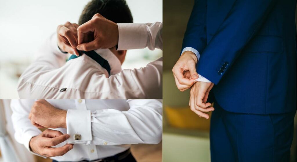 A man in a suit adjusts his cufflinks, showing off his sense of style and sophistication.