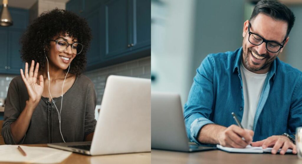 Two pictures of a man and a woman collaborating on a laptop.