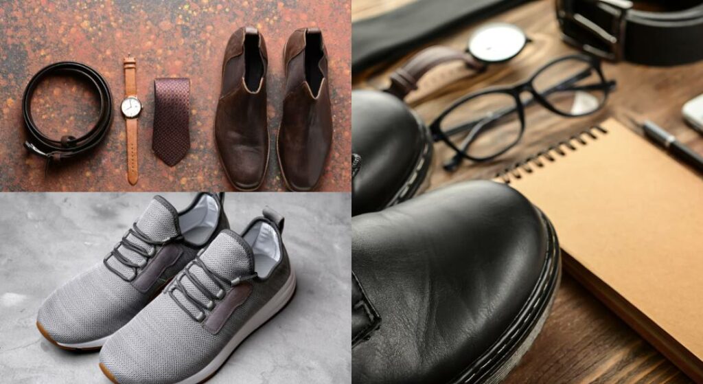 A collection of men's accessories, including shoes and a watch, curated by a personal stylist.