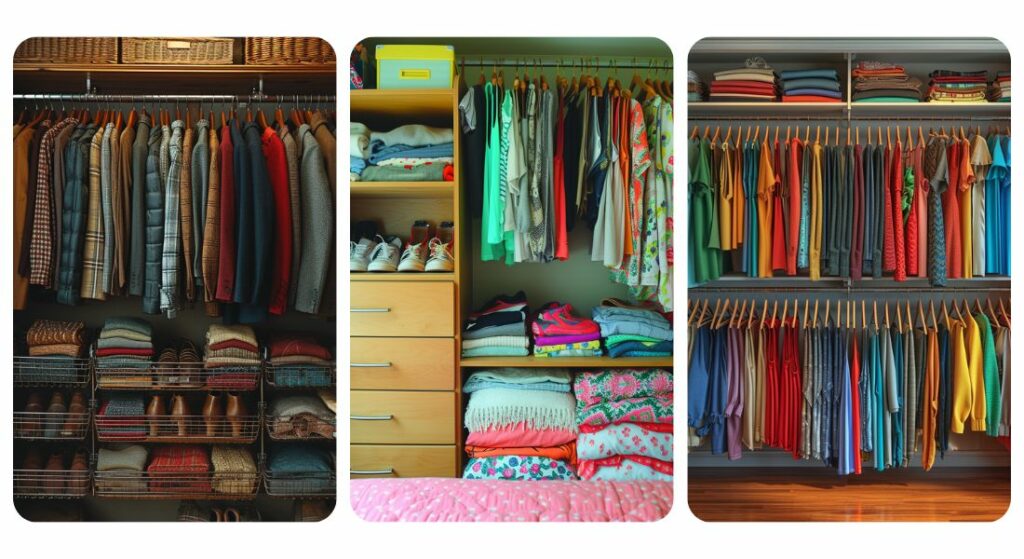 Four pictures showcasing what's in your closet, with clothes hanging on racks.