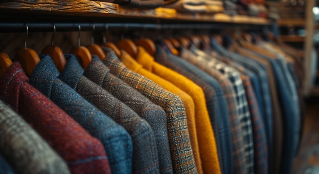 A rack of tweed jackets in a store, perfect for adding a touch of classic style to your wardrobe.