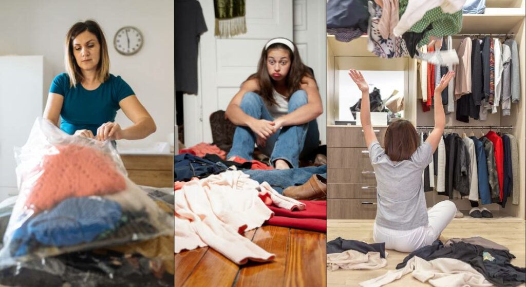A three-part collage depicting various life stages of closet organization and decluttering, with women adapting their wardrobe for new body types.