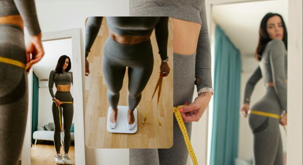 Woman engaging in fitness tracking by measuring her waist and weighing herself as she adapts her wardrobe for new body types through various life stages.
