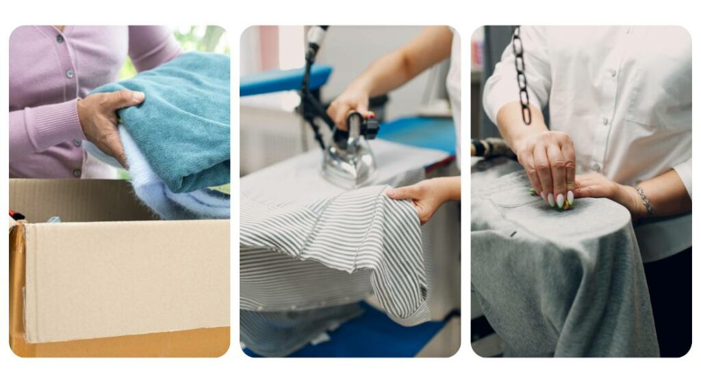A triptych showcasing various domestic tasks adapted for new body types: folding laundry, operating a sewing machine, and ironing clothes.