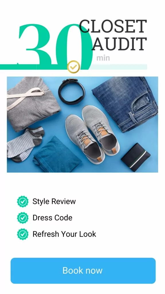 Ad for a 30-minute closet audit service featuring an array of clothing items, including those affected by vanity sizing, and accessories with options for style review and refreshing your look.