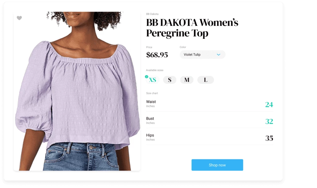 A woman's blouse is displayed on the e-commerce page along with size measurements and a clothing size calculator.