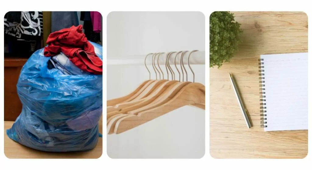 A collage of three images: a bag of laundry on the left, empty hangers in the middle related to closet spring cleaning, and a notebook with a pen on the right on a wooden surface.