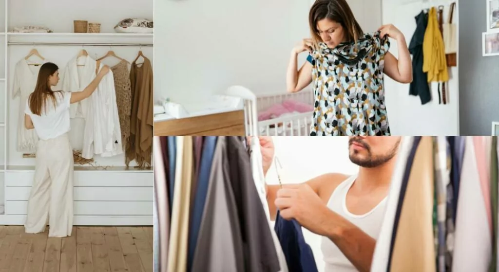 A collage of individuals choosing clothes from their respective closets during spring cleaning.