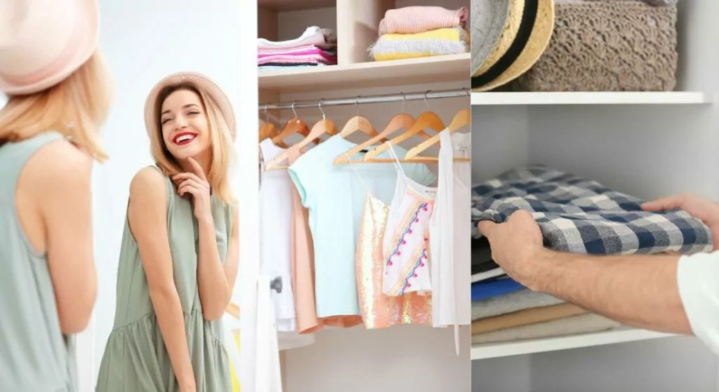 A collage showing a woman trying on a hat, a selection of clothes hanging in a wardrobe during spring cleaning, and a person organizing linens on a shelf.